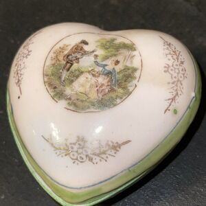 Vintage Porcelain Trinket Box Heart Pink‎ Green Lid "Occupied Japan"  English
